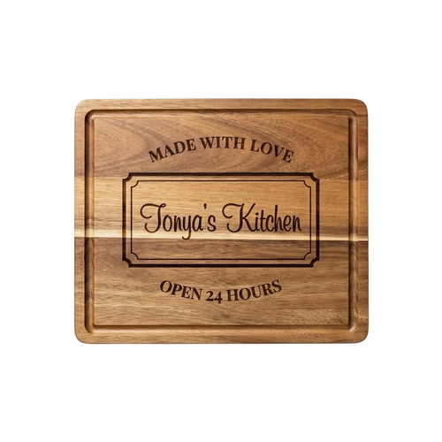 Wooden cutting board with engraved text on a white background