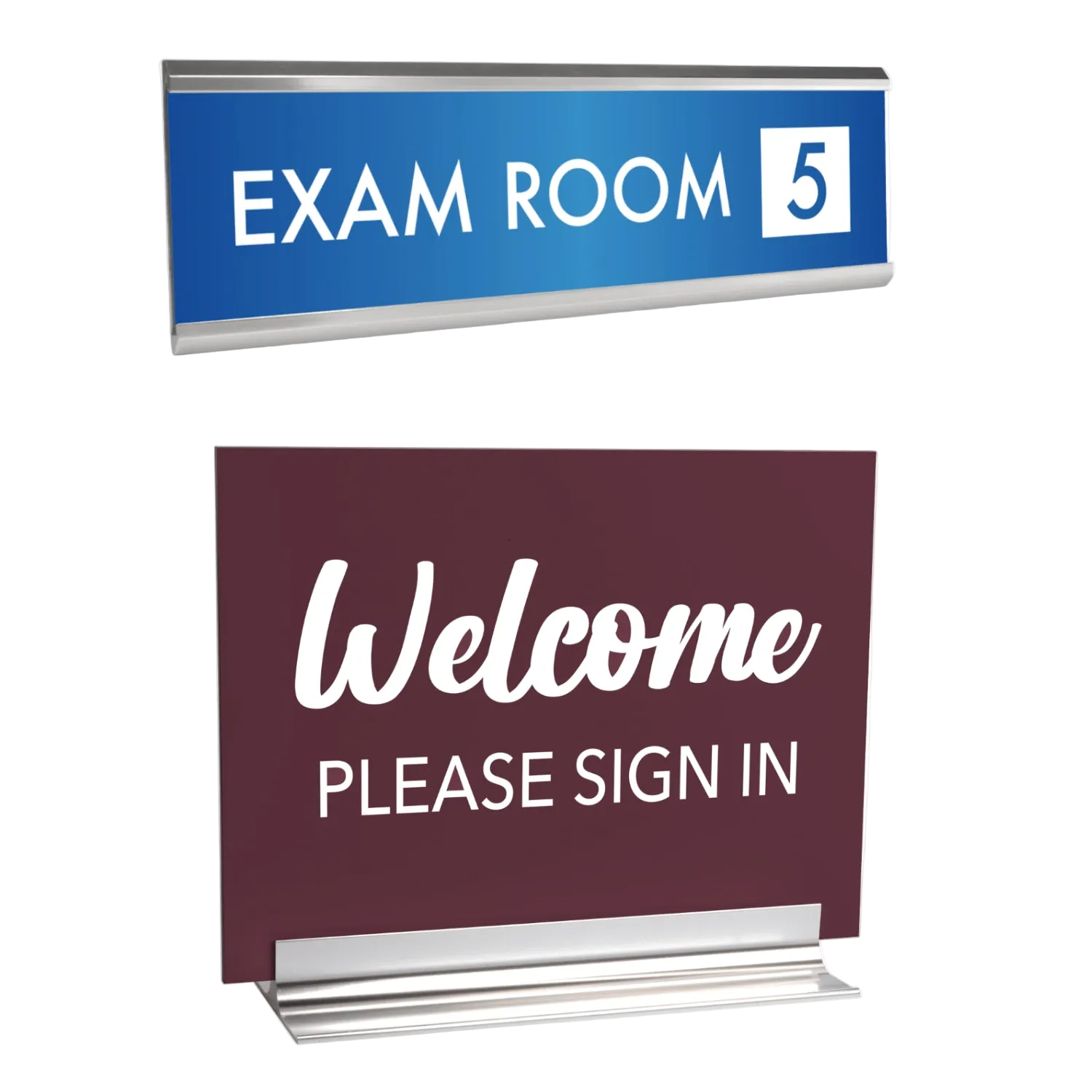 Two signs: one blue with 'Exam Room 5' text, and another maroon with 'Welcome Please Sign In' text.